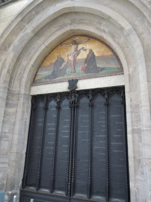The door of the Schloßkirche (castle church) in Wittenberg, Germany. The original doors were burned in a bombardment in 1760; the current doors---made of bronze and inscribed with the text of the 95 Theses in the original Latin form---were installed in 1858.