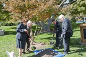 CRS Director Mary B. Mazanec, Librarian of Congress James H. Billington (from left), Architect of the Capitol Stephen Ayers and Rep. Jim Moran shovel dirt around a newly planted commemorative tree on Monday. Photo by David Rice. 