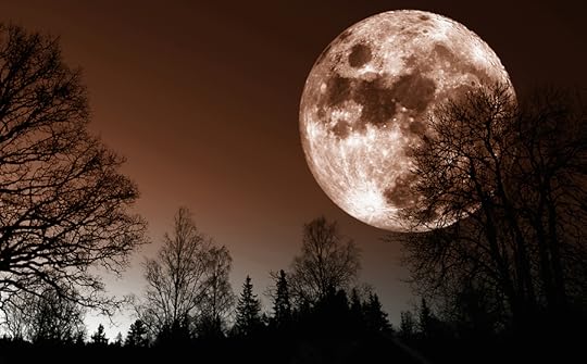 giant red moon rise over dark northern forest