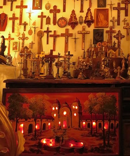 A fine selection of crucifixes for every decorating need, plus this one-of-a-kind light-up mission painting.
