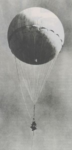 Japanese fire balloon reinflated at Moffett Field, CA after it had been shot down by a Navy aircraft January 10, 1945 (US Army photo)