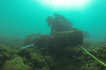 Diver at wreck site measuring cannon