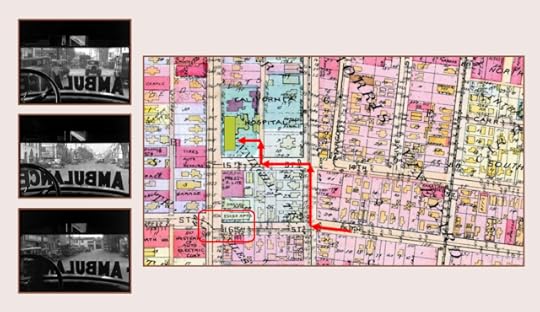 Travelin west along Venice Boulevard, the ambulance turns right at Grand, left at 15th Street, right at Catesby Lane, then left into the hospital receiving area.