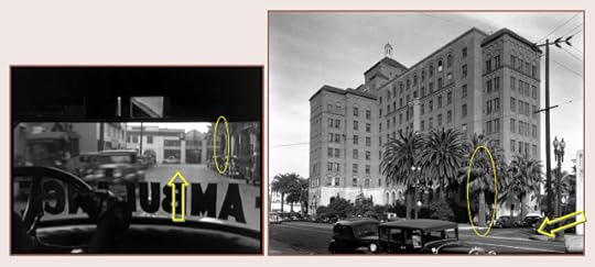 This view looks west up 15th Street (arrow) towards Hope Street before the ambulance turns right onto Catesby Lane. The same palm tree standing at the corner of California Hospital is marked in each image. LAPL.