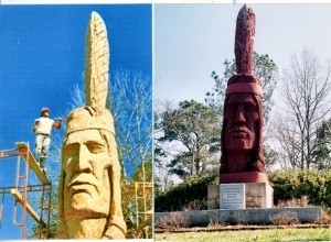 Peter Toth sculpting Crooked Feather in 1975 and the completed memorial photographed in March 1997. Photo courtesy of Ocean Springs Archives. 