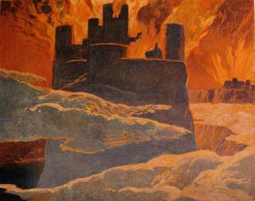 A scene from the last phase of Ragnarök, after Surtr has engulfed the world with fire. The surrounding text implies that this is Ásgarðr (Asgard) burning. ~ detail from Walhall, die Götterwelt der Germanen by Emil Doepler. ca. 1905. Photographed and cropped by User:Haukurth.