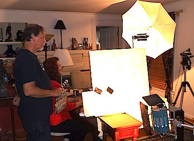 Getting ready for another take. Holding the slate is artist Richard Harrison, who served as art director for the video.