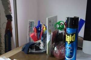 Desk with fly spray
