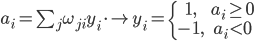 a_{i}=\sum_{j}\omega _{ji}y_{i}\cdot \rightarrow y_{i}=\left\{\begin{matrix}1, & a_{i}\geq 0 \\ -1, &a_{i}< 0 \end{matrix}\right.