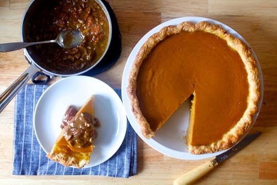 classic pumpkin pie with pecan praline sauce