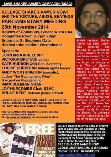The Save Shaker Aamer Campaign's poster for the Parliamentary Meeting for Shaker Aamer, organised by John McDonnell MP on November 25, 2014.