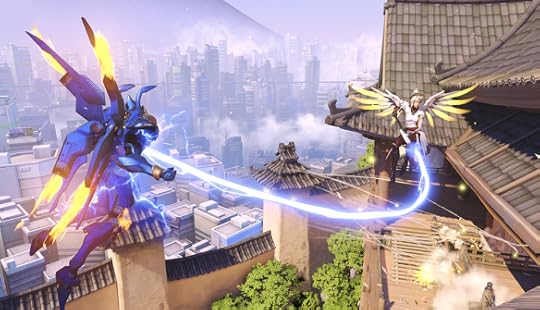 A battle between Pharah and Mercy in Overwatch
