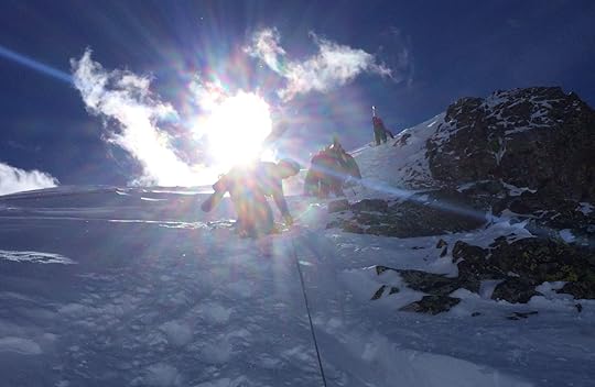 Our group carries on toward the promise of Porn Star. Not a typical boot pack: note the rope. (Hillary Step)