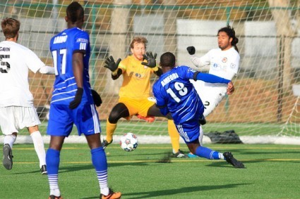 Tomi Ameobi scores the first goal of the game for the Eddies: PHOTO: TONY LEWIS/FC EDMONTON