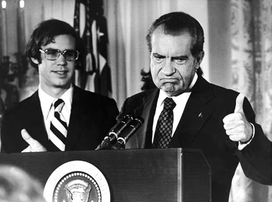 Richard Nixon gives a thumbs-up after his resignation on August 9, 1974