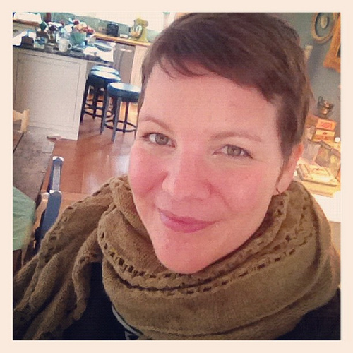 Oh hello fresh new pixie cut and cozy scarf!