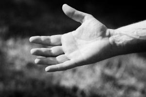 man-holding-out-hand-to-the-sunlight-in-a-garden-with-grass-in-the-background-joe-fox