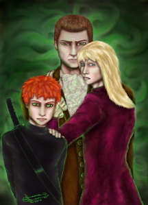 This is, from left to right, Kehfrey Ihmel, Tehlm Sevet a.k.a. Marun, and Vik Ihmel, as they would appear in The Bound in Stone set in The Soulstone Chronicles.