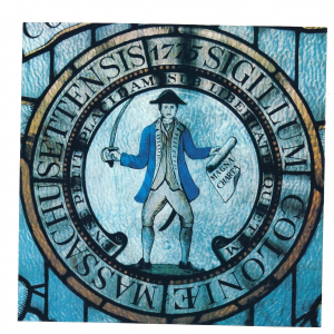 Magna Carta grasped in his left hand, a sword in his right, the American colonist stands prepared to fight in defense of his liberties. The seal of Massachusetts in 1775 is shown here in one of the windows of the State House in Boston.