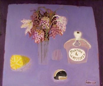 Fedden 1968 still life with flowers and a bottle
