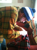 Mike fixes his pocket in the least ergonomically sustainable posture possible