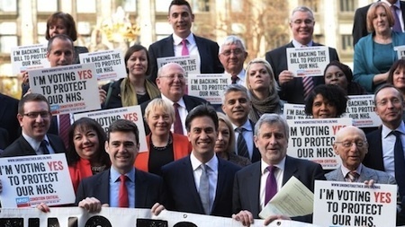 Labour MPs, including Andy Burnham and leader Ed Miliband showing their support for Labour MP Clive Efford's Private Member's Bill to protect the NHS from privatisation.