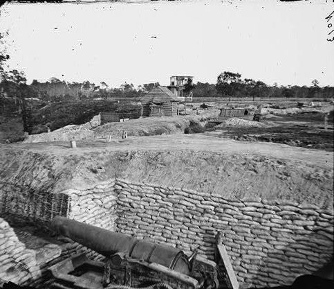 '...Mortar shells from Howlett's Battery...'. The Confederate Battery at Howlett House which fired on the U.S.S. Onondaga and other Federal vessels on Thanksgiving Day, 1864 (Library of Congress).