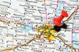 The red line heading southeast from the pin falls off the page just before Muskogee