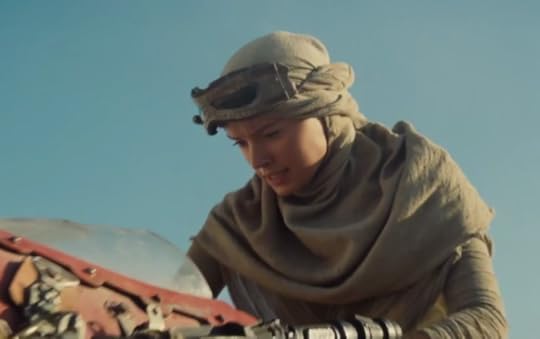 Gwendoline Christie's character riding a hovering craft on Tatooine 