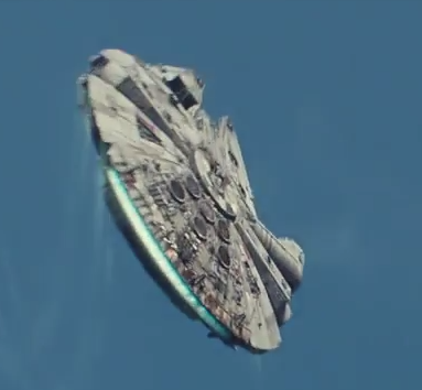 The millennium Falcon flying against a blue sky