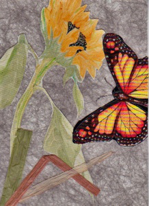 This is the completed journal page I started yesterday, by applying the weed block background. Today I added a fabric butterfly, raffia stems and a paper cut-out of a sunflower sketch, colored with watercolor pencils and Pitt brush pens.