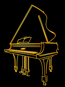 A golden piano stylized sketch over black