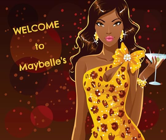 Sexy night club woman nest to words welcome to Mabelles