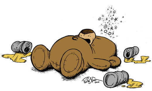 Clovis, the alcohol-abusing teddy bear featured in Lucas Turnbloom's comic 'Imagine This.'