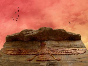 Farvahar carved in stone, Persepolis, Iran, by Roodiparse