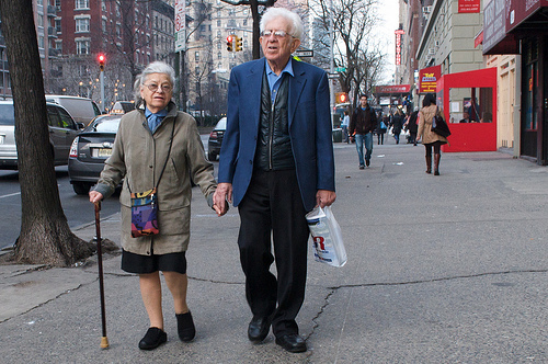 A couple, strolling in New York.