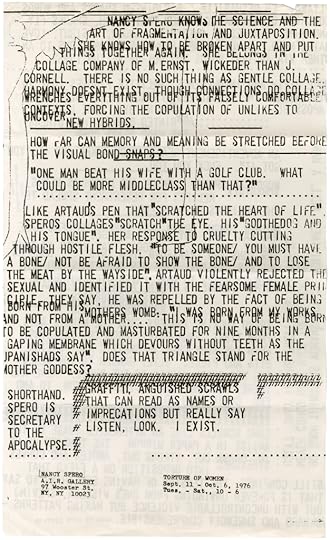  Torture of Women, by Nancy Spero, with text by Lucy Lippard. New York: A.I.R. Gallery, 1976.