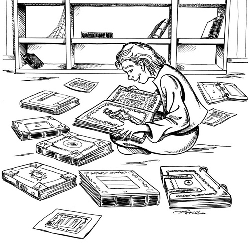 Reggie in the castle library. Illustration by Dave Allred.