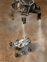 Curiosity being lowered from its rocket pack