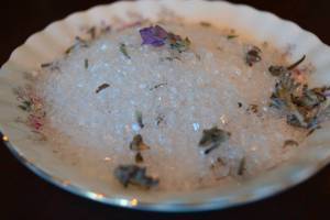 Beautiful handmade bath salts with homegrown and dried herbs.