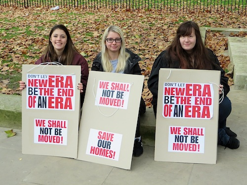 The two young women in the centre and the right of this photo live on the New Era Estate in Hoxton, and were part of a group of protestors that, on December 1, 2014, had just handed in a petition - of nearly 300,000 signatures - calling on David Cameron to protect them from the rapacious US property developers (Westbrook Holdings) who bought their estate earlier this year and now want to remove the tenants from the flats in which many have lived for decades, paying rents similar to those in council housing or housing associations. If evicted, many of these hardworking people will have to leave London entirely, because of the rampant greed in the capital that shows no sign of abating (Photo by Andy Worthington).