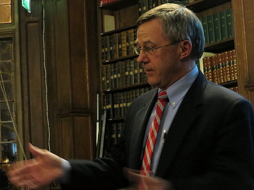 Former US military defense attorney Todd Pierce speaking at the presentation of the Sam Adams Associates Award for Integrity in Intelligence to Chelsea Manning in Oxford in February 2014 (Photo: Andy Worthington).
