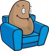 cartoon of a smiling potato on a blue easy chair