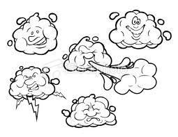 black and white cartoon rendering of clouds exhibiting emotions as if they were weather
