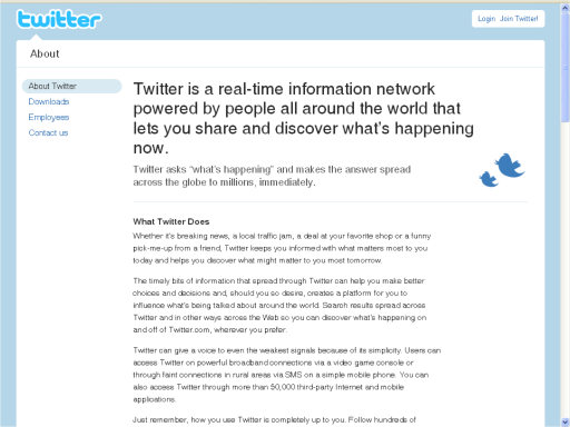A screen grab of Twitter's "About Us" page from more than two years ago emphasizes sharing, and that it's "powered by the people."