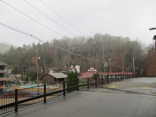 View from the motel parking lot. We were all watching the fog drape the mountains.