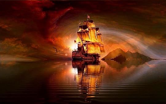 pirate ship at sunset