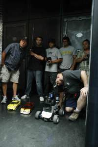Setting up the big radio-controlled car showdown.