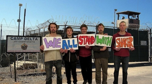 The Four Fathers at Guantanamo, a collage by Bren Horstead of the band fronted by human rights journalist and campaigner Andy Worthington, who wrote the campaign song for the We Stand With Shaker campaign he launched with Joanne MacInnes in November 2014.