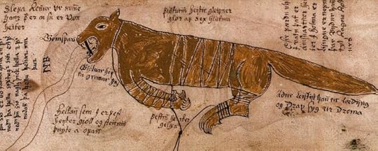 Fenrisulfr tied up, a river flows from his mouth. From the 17th century Icelandic manuscript AM 738 4to, now in the care of the Árni Magnússon Institute in Iceland. Public domain via Wikimedia Commons.